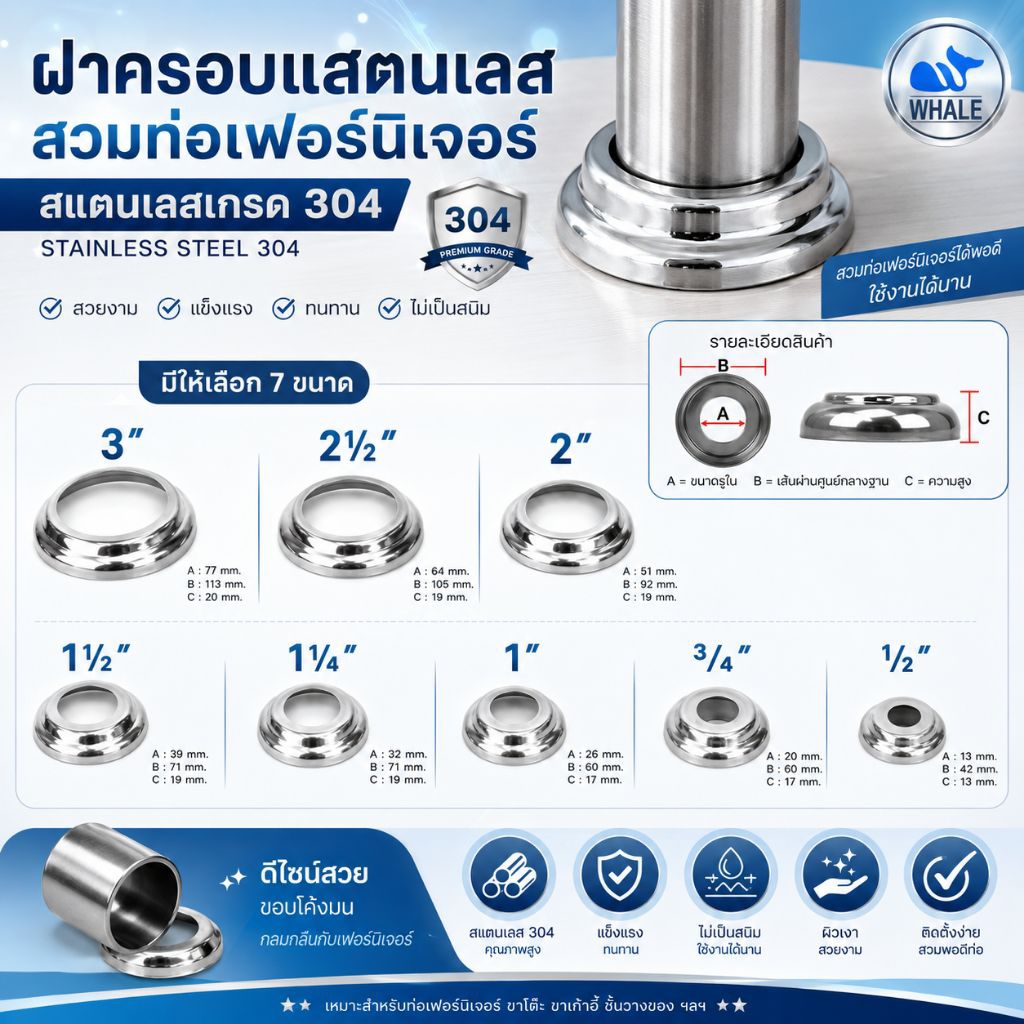 ฝาครอบ /เพลทสแตนเลส ยึดฐานเสา 2นิ้ว , 2.1/2นิ้ว