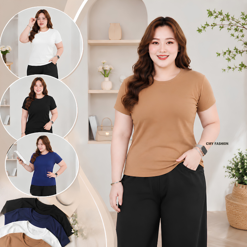 เสื้อยืดสาวอวบ เสื้อคอกลม แขนสั้น ทรงเข้ารูป ผ้าร่องเล็ก เนื้อผ้านิ่ม ระบายอากาศดี แมทช์ง่ายได้หลายลุค tb7779#