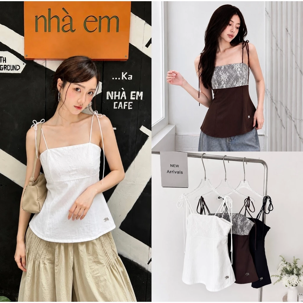 Elise lace cami : KN.Clothes เสื้อสายเดี่ยวผูกไหล่ เย็บตะเข็บหน้า เข้ารูป มีซิปซ่อนด้านข้าง