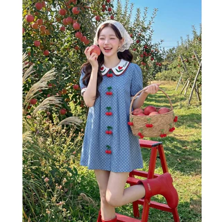 (มี3XL) สียีนส์ Cherry Cotton Dress เดรสทรงปล่อยผ้าคอตตอน แต่งเชอร์รี่ถัก ปกคอบัวปัก แขนสั้น ซิปหลัง มีซับใน
