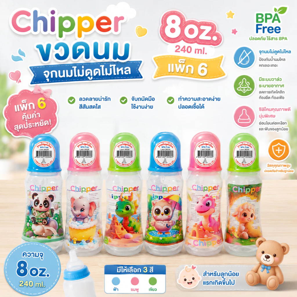 ขวดนมChipper 8ออนซ์ ทรงบูท คอแคบ จุกนมซิลิโคน ไซส์ L
