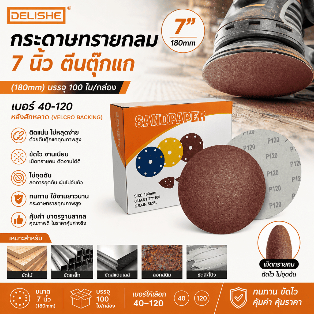 Delishe กระดาษทรายกลม 7 นิ้ว ตีนตุ๊กแก (100 ใบ) เบอร์ 40-120 ขัดไม้ ขัดเหล็ก ลอกสนิม ติดแน่น ขัดไว ไม่อุดตัน