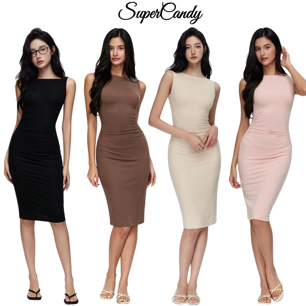 SuperCandy🌷เดรสยาวเข้ารูปแขนกุดเปิดไหล่สำหรับผู้หญิง เดรสยาวผ้ายืดกระชับเข้ารูปสำหรับฤดูร้อน