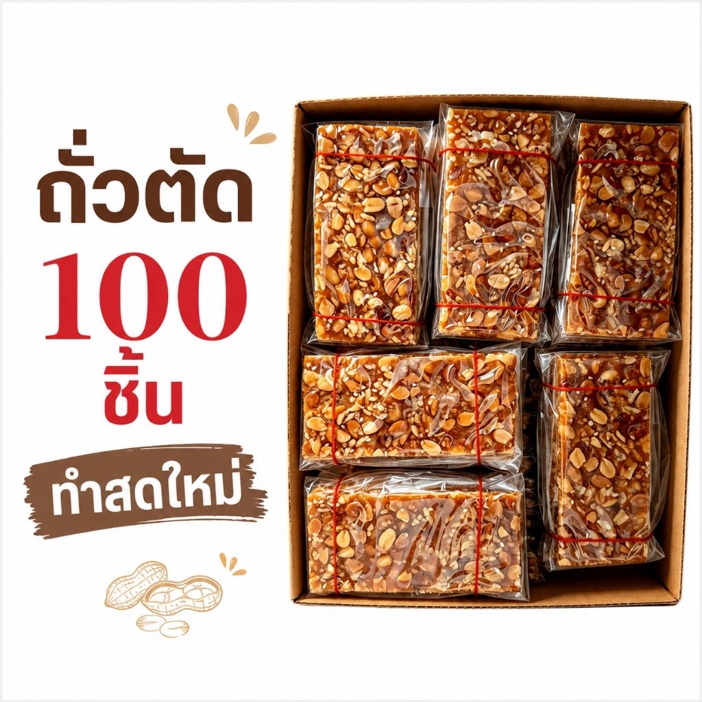 ถั่วตัดหอมหวน ยกลัง 100 แผ่น (20 มัด) ขนมถั่วตัดโบราณ หอมหวาน กรอบอร่อย(ยกลัง)