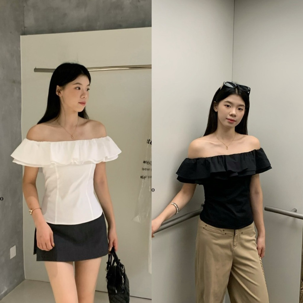 10594# เสื้อเปิดไหล่ ระบายช่วงอก เนื้อผ้าดี ทรงสวย TAG:WG.WE