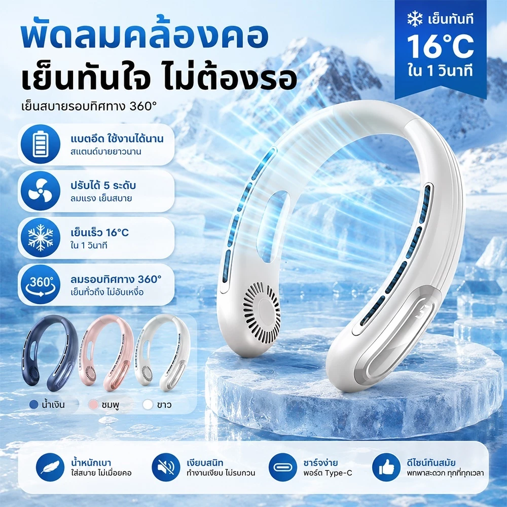 40000mahพัดลมคล้องคอพกพา เย็นทันที16°C ใน1วินาที 5เกียร์ลมแรง 360°ไร้ใบพัด เบาสบายคอ ชาร์จType‑C เสียงรบกวนต่ำ