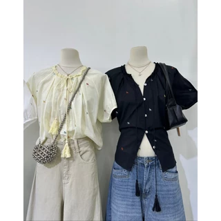M2256 เสื้อเบลาส์ปักลายน่ารัก มินิมอลสุดๆ! งานน่ารักใส่สบาย ทรงคอผูกเชือกพู่ chic ชิค