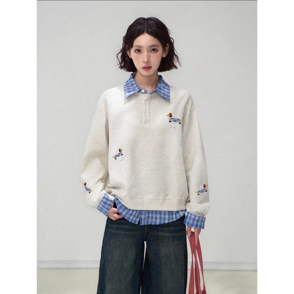 🌟🌟🌟A96กรม​ A66ขาวเทา༘⋆เสื้อ​สไตล์​ Sweater ปักลายน้องหมาดัชชุน​ แต่งปกและปลายแขนลายสก็อต Unisex นะคะ​ ให้10​ผ้าดีตะโกน༘⋆