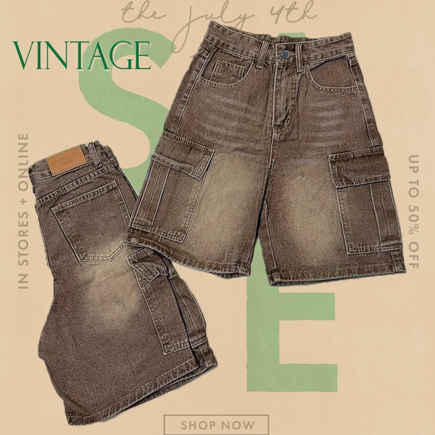 Vintage รุ่น A01 กางเกงยีนส์ ขาสั้น สีน้ำตาล คาร์โก้ แต่งเฟดขา ทรงสวย ผ้าไม่ยืด กระเป๋าตรง 2 ใบ