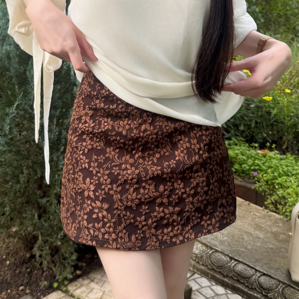 กระโปรงกางเกงลายดอก Blossom Skort ผ้าแจ็คการ์ด กระโปรงเอวสูงซับในกางเกง