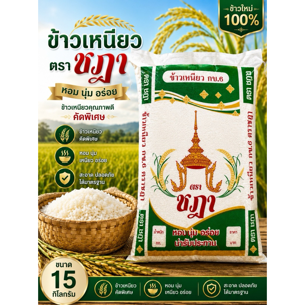 [15 กก.] ข้าวเหนียว กข.6 ใหม่ ตราชฎา เม็ดสวย เหนียวนุ่ม ทานอร่อย