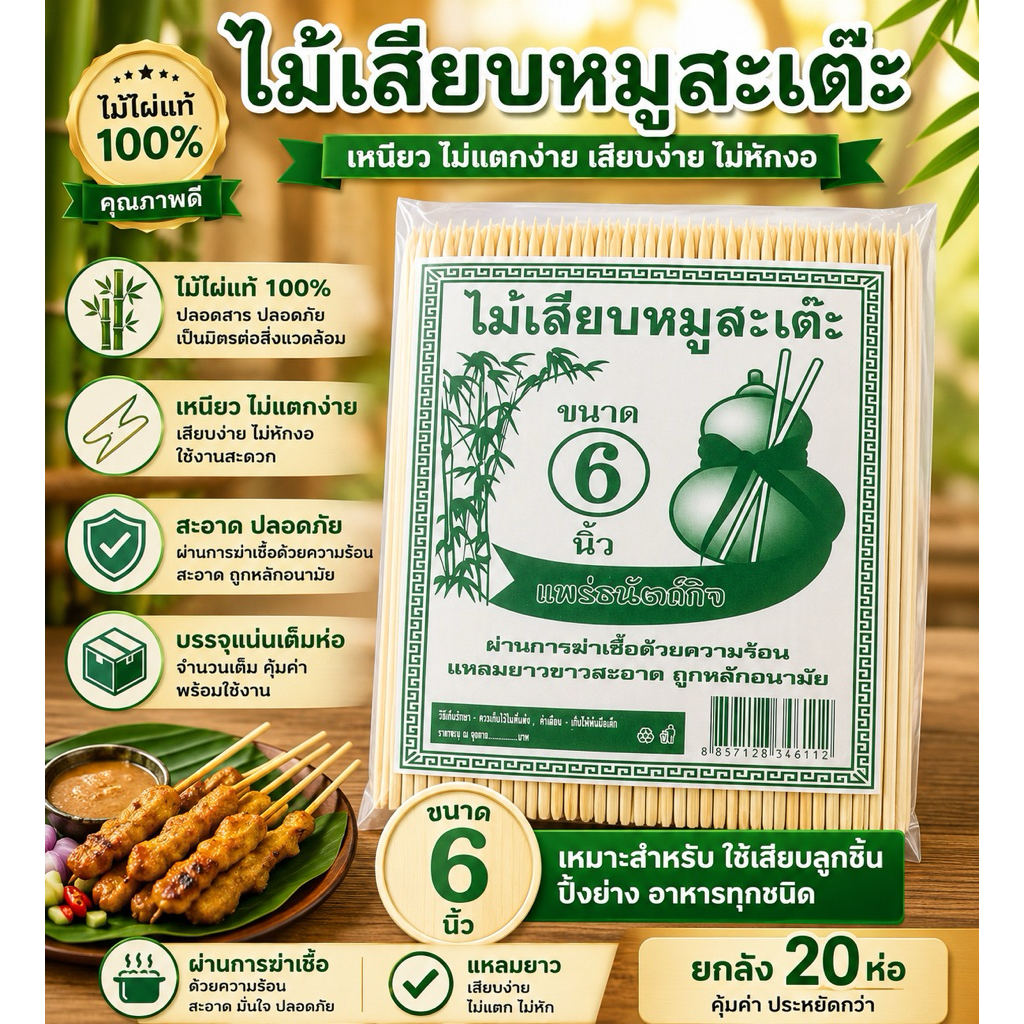(ไม้เสียบหมูสะเต๊ะ)อนามัยขายยกลังมี20ห่อ ขนาด6นิ้ว2.5มิล=(ไม้หมู6=1ลัง)