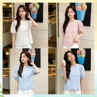 QKshop เสื้อเบลาส์ปักฉลุผู้หญิง แขนพองสั้น คอกลม ด้านหลังมีปุ่มรูเปิด ทรงหลวม เหมาะพลัสไซส์ #เสื้อผ้าทรงหลวม