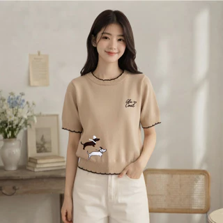 Glucoat | [A919] เสื้อนิตติ้งไหมพรม แต่งขอบหยัก ปักลายน้องหมา