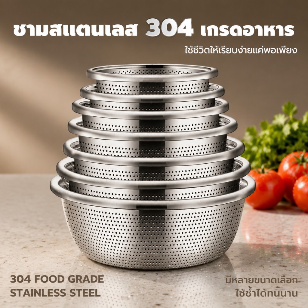 ชุดชามสแตนเลสหนาใหม่แบบเจาะรู ใส่ผลไม้และผักได้ ร่อนแป้ง ชามกรองผัก ชุดชาม 304 ทนรอยขีดข่วน กันสนิม ทำความสะอาดง่าย