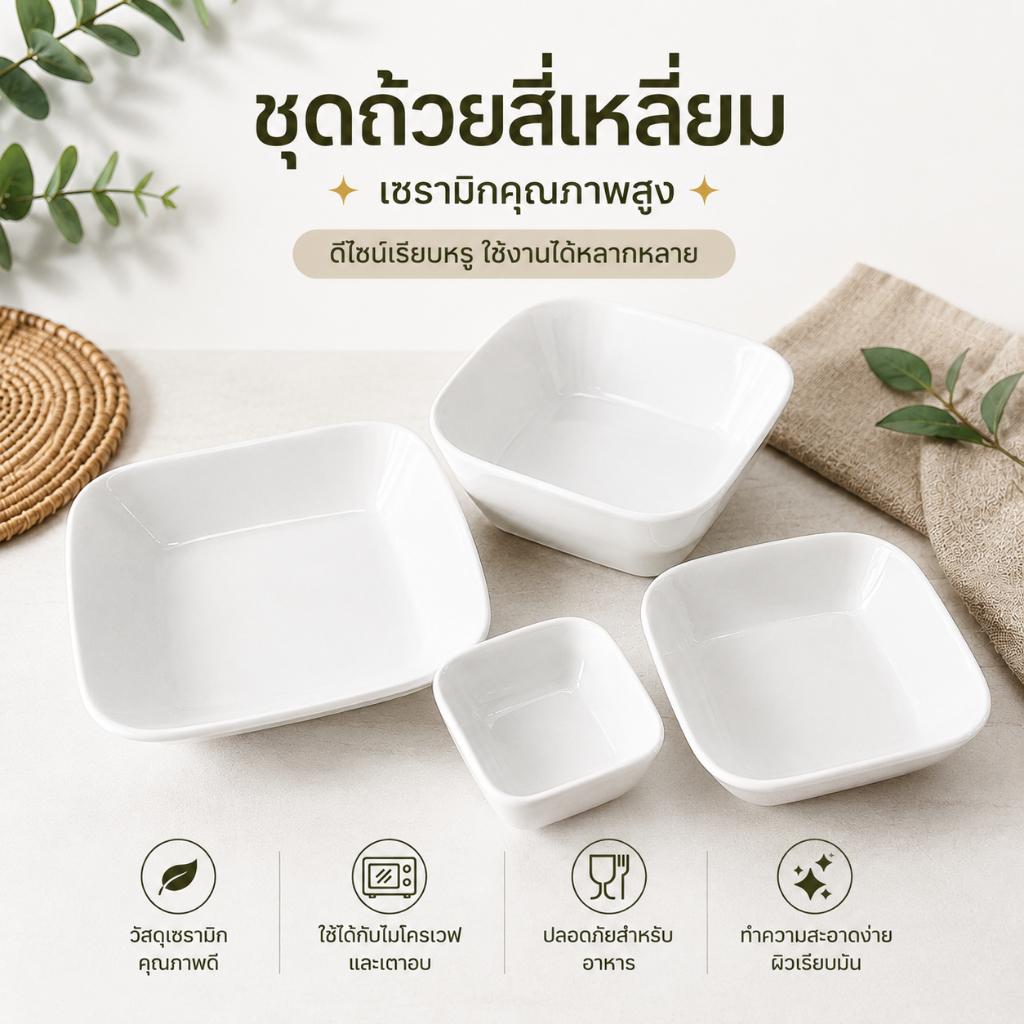 ถ้วยเซรามิก สี่เหลี่ยม สีขาว ชามเหลี่ยม จานสี่เหลี่ยม ถ้วยสี่เหลี่ยม เข้าไมโครเวฟได้ ถ้วยน้ำจิ้ม ถ้วยใส่อาหาร มี 4 ขนาด