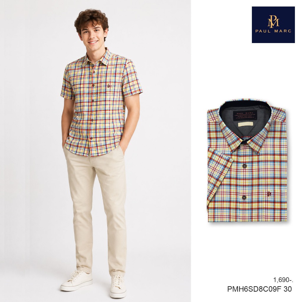 PAUL MARC เสื้อเชิ้ตแขนสั้นลายสก็อต ลายเช็ค สีครีม เหลือง casual fit ผ้าคอตตอน รีดง่าย PCH6SD8C09F