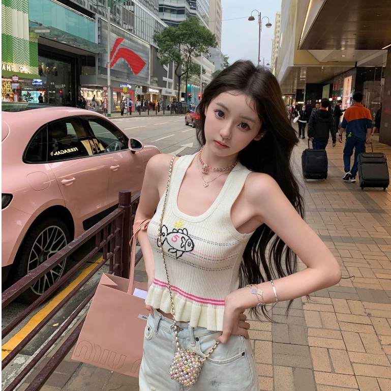 GAKKI Y6722 [พร้อมส่ง] เสื้อกล้ามไหมพรมปักลายปลาสุดน่ารัก เสื้อครอปสไตล์เกาหลี Y2K ผ้านุ่มยืดได้เยอะ