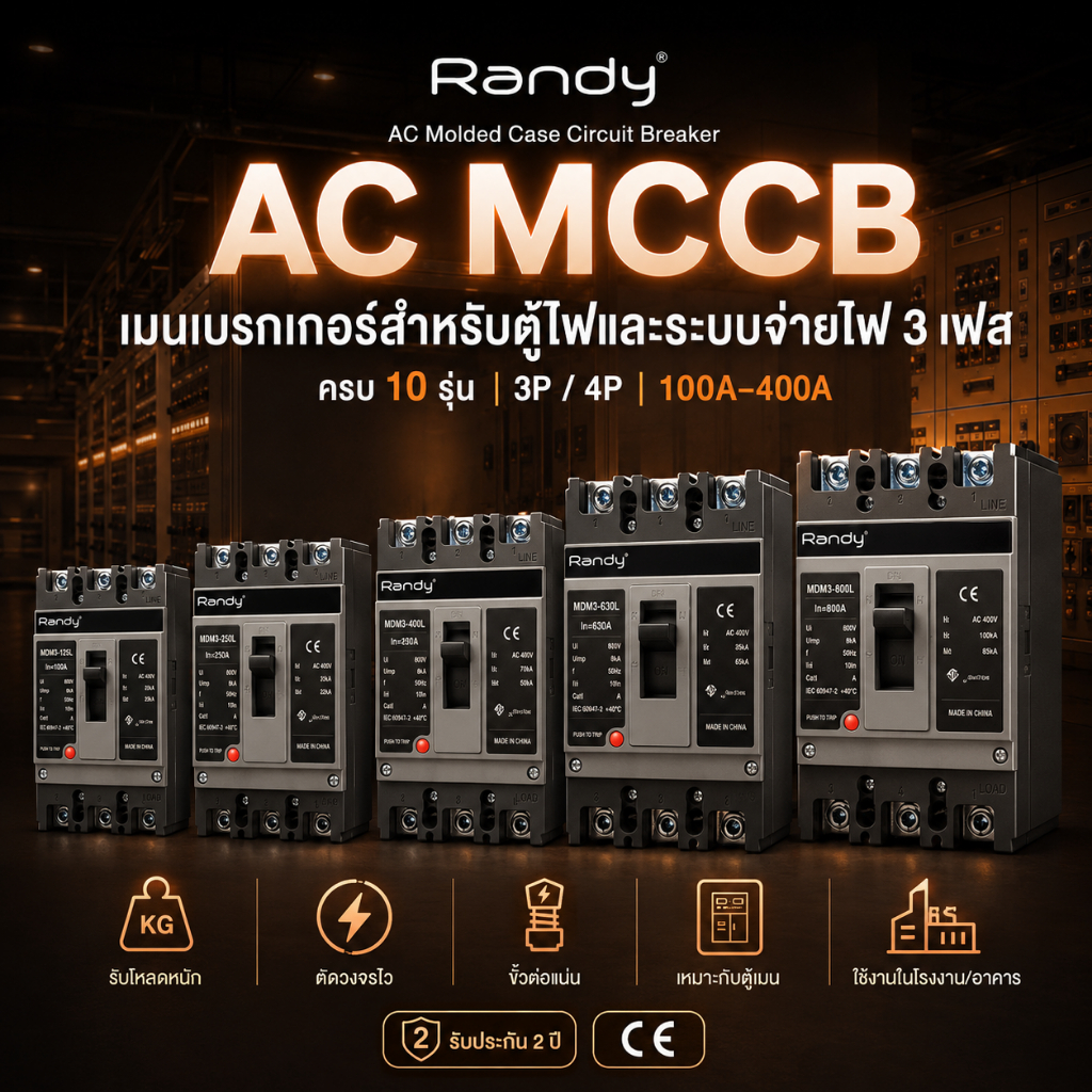 RANDY เบรกเกอร์ MCCB AC 3เฟส 3P 4P 100A-400A เมนตู้ไฟ MDB ตัดวงจรไว ขั้วแน่น งานช่าง รับประกัน 2 ปี!