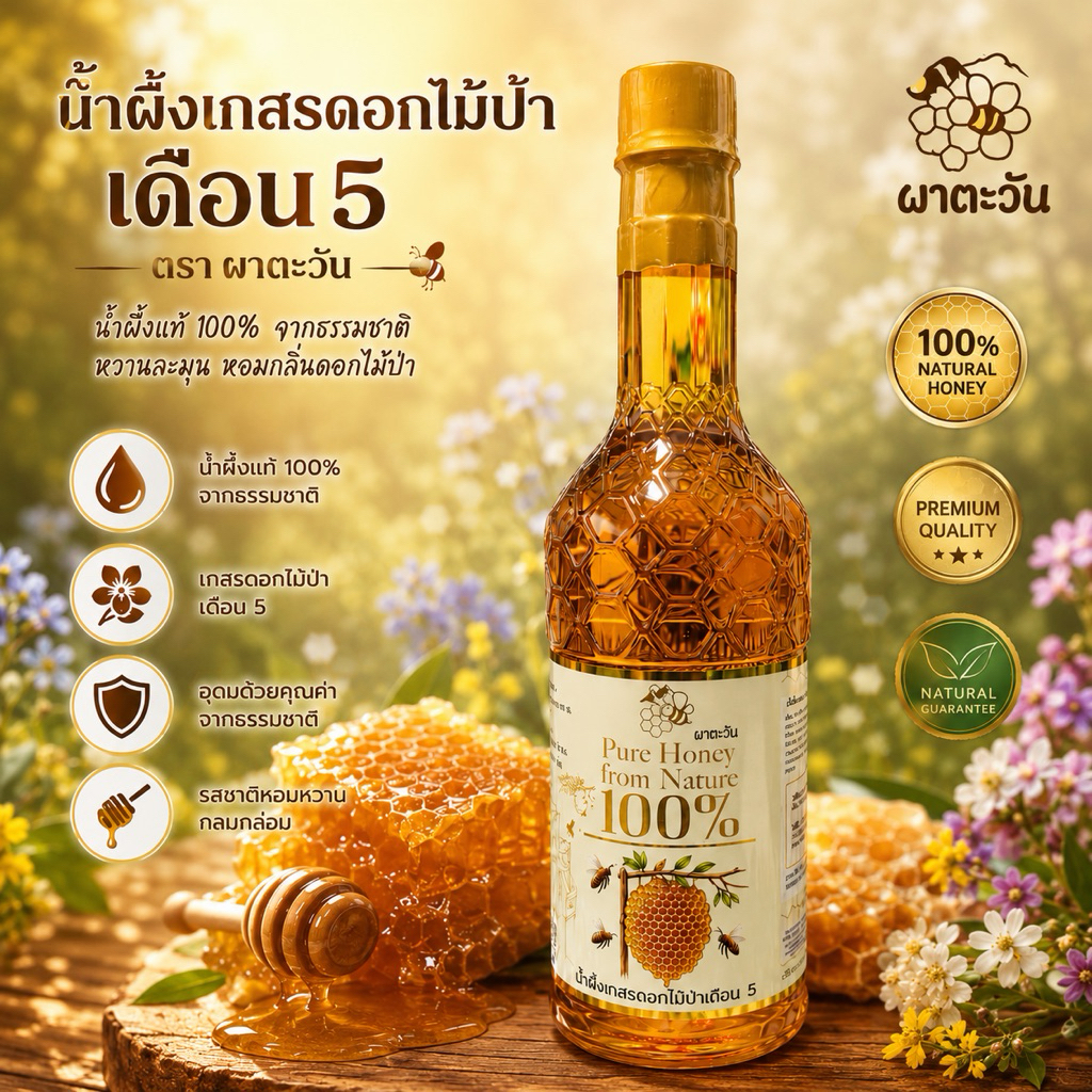 น้ำผึ้งเกสรดอกไม้ป่าเดือน 5 ตรา ผาตะวัน Pure Honey From Nature 100% ปริมาณ 1,000 กรัม