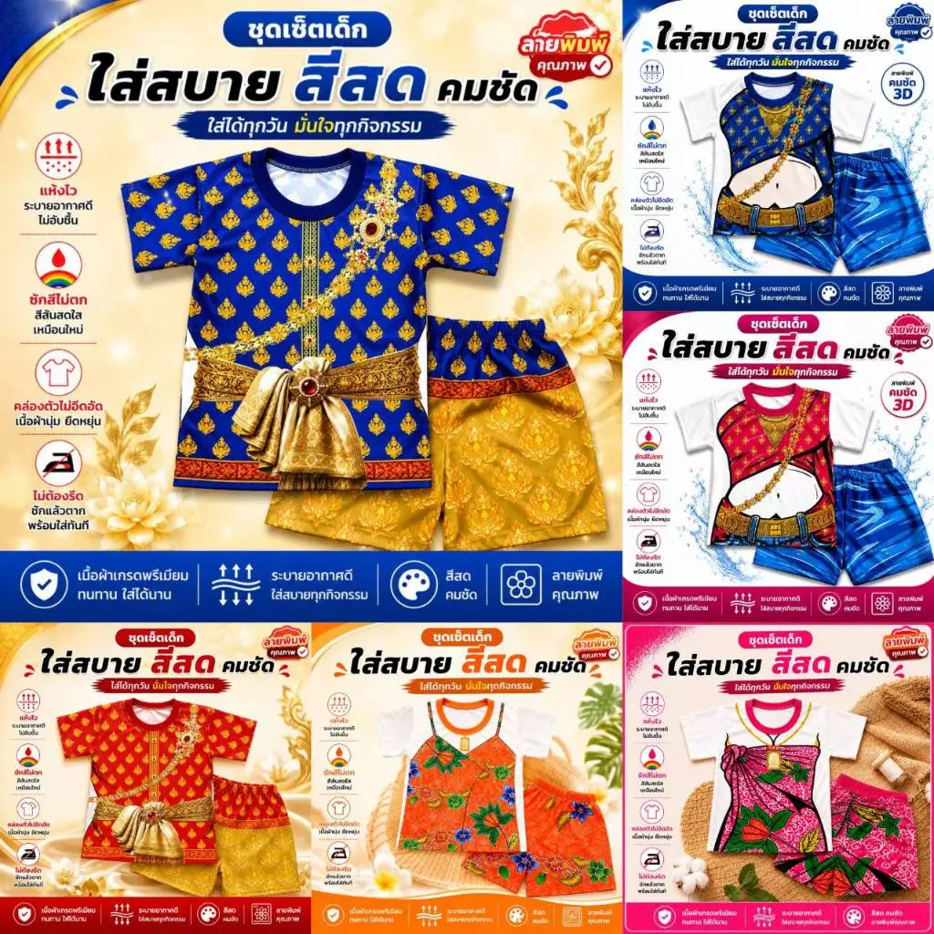 ส่งด่วน ชุดเด็กลายไทย ท่านขุน ชุดสไบ ผ้าไมโครพรีเมี่ยมนุ่มเด่งสีคมชัด