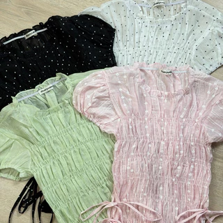 (ผ้าลายใหม่)Wendy top🌬️Chakiya.store❣️เสื้อคอกลม สม็อคช่วงตัว แต่งโบว์ผูกช่วงเอว