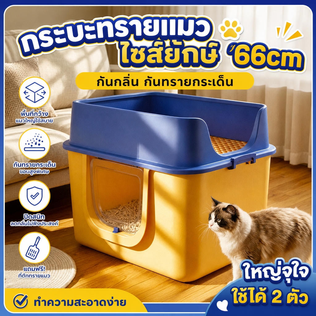 กระบะทรายแมวใช้ได้ 2 แบบ ปิดสนิท-เปิดโล่ง รั้วขอบสูง กันกระเด็นทราย พื้นที่กว้าง 66 ซม.