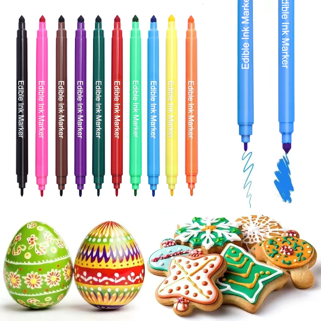 ปากกาสีอาหารกินได้10สี 2หัวบาง-หนา ปากกามาร์คเกอร์ตกแต่งคุกกี้ เค้ก ฟรอแดนต์ DIY เบเกอรี่บ้าน สีติดทนนาน ไม่ละลายง่าย