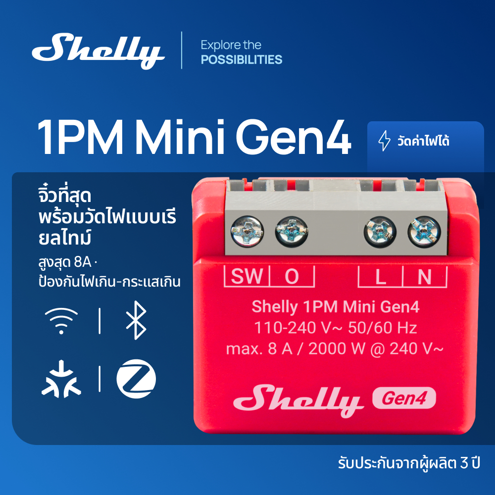 Shelly 1PM Mini Gen4 Wi-Fi Matter Zigbee สวิตช์รีเลย์อัจฉริยะ พร้อมมิเตอร์วัดกำลังไฟ 1 ช่อง 8A รองรับ Alexa Google Home