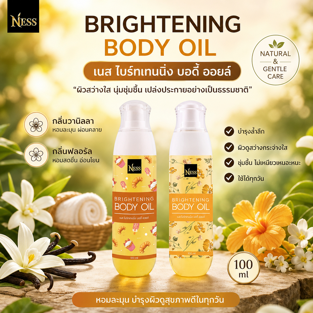 Ness Brightening Body Oil กลิ่นวานิลลาครัวซองต์ 100ml ผิวกระจ่างใส สุขภาพดี ทุกสภาพผิว มั่นใจในผิวขอ