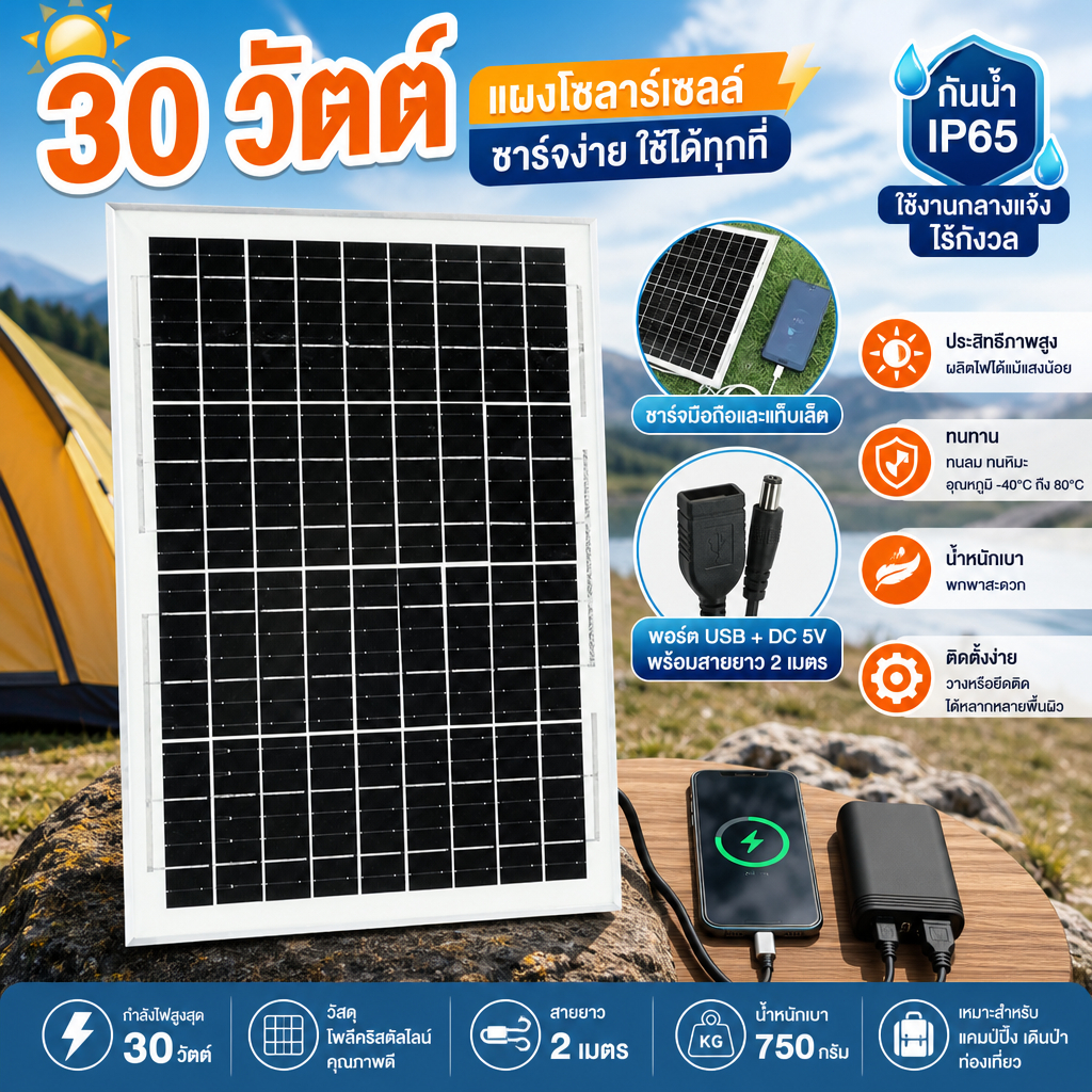 แผงโซล่าเซลล์ 30W พกพา ที่ชาร์จพลังงานแสงอาทิตย์ พร้อมพอร์ตUSB ชาร์จมือถือแท็บเล็ตได้ กันน้ำ IP65 เหมาะกับแคมป์ปิ้ง ตั้ง