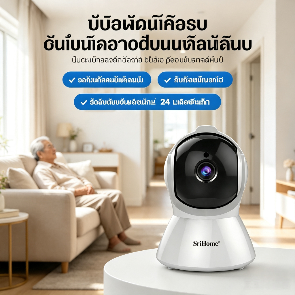กล้องวงจรปิดในบ้าน SriHome เฝ้าดูผู้สูงอายุ ระบบตรวจจับคน ภาพคมชัด เก็บวิดีโอSD การติดตั้งได้หลายรูปแบบ