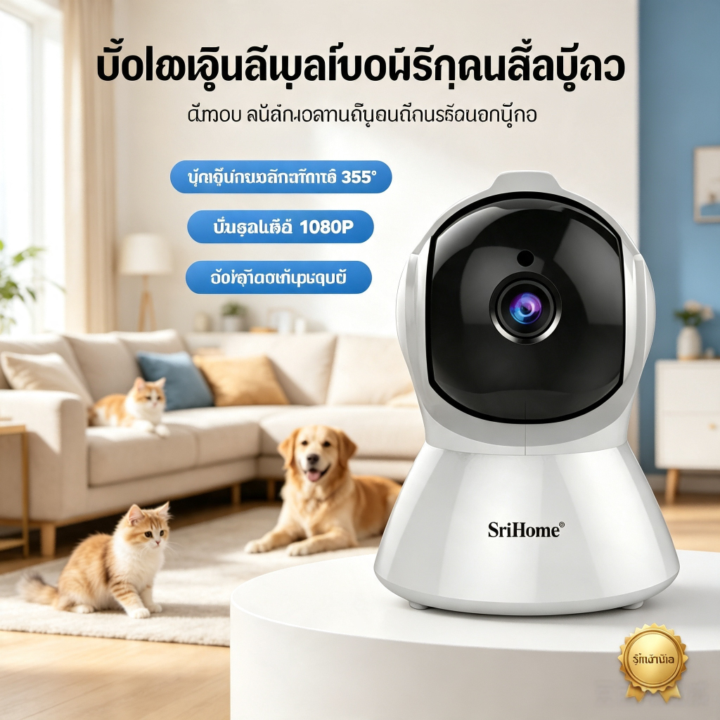 SriHome กล้องดูแมวหมา 360°หมุนได้ ภาพกลางคืนสีสัน คุยกับสัตว์เลี้ยงผ่านมือถือ รักษาความปลอดภัยบ้าน