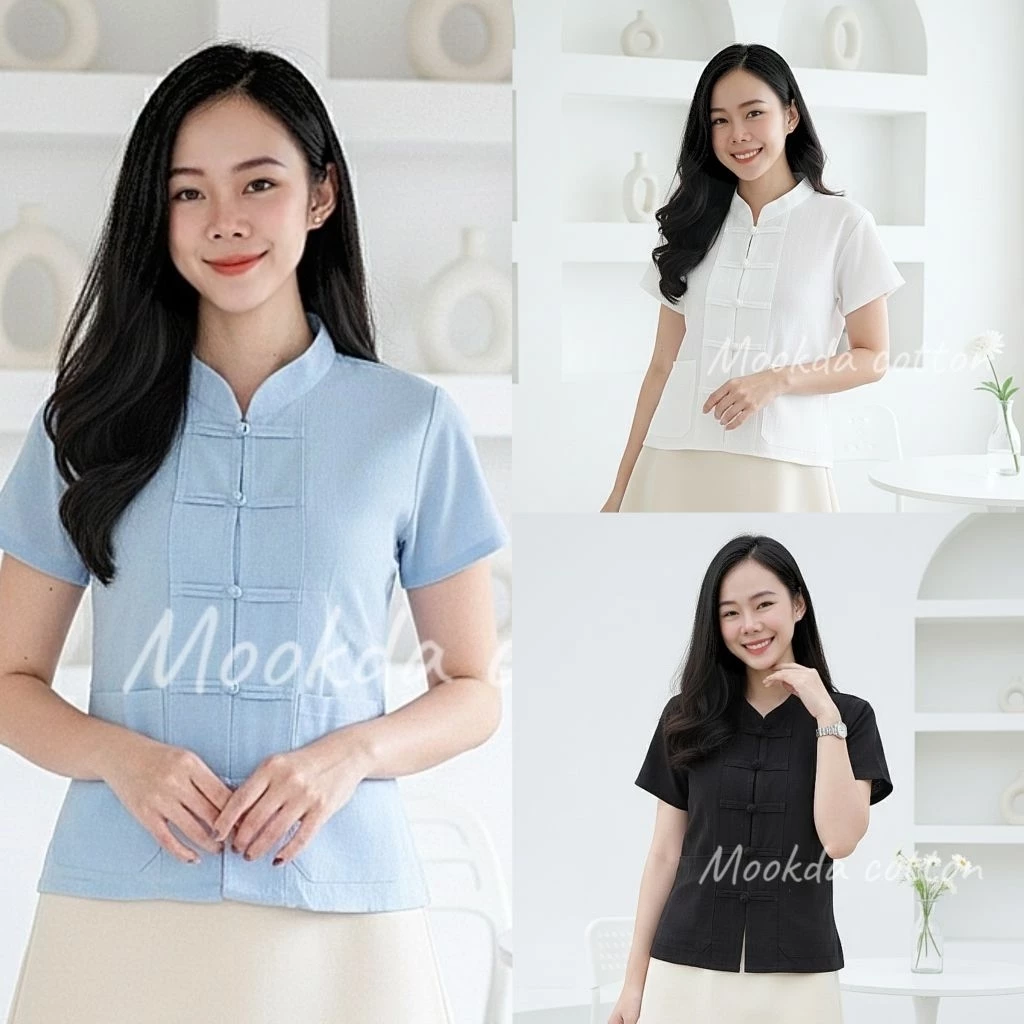 เสื้อผ้าฝ้ายคอจีนกระดุมขอด เเขนสั้น มีกระเป๋า เนื้อนิ่มบางรีดง่าย