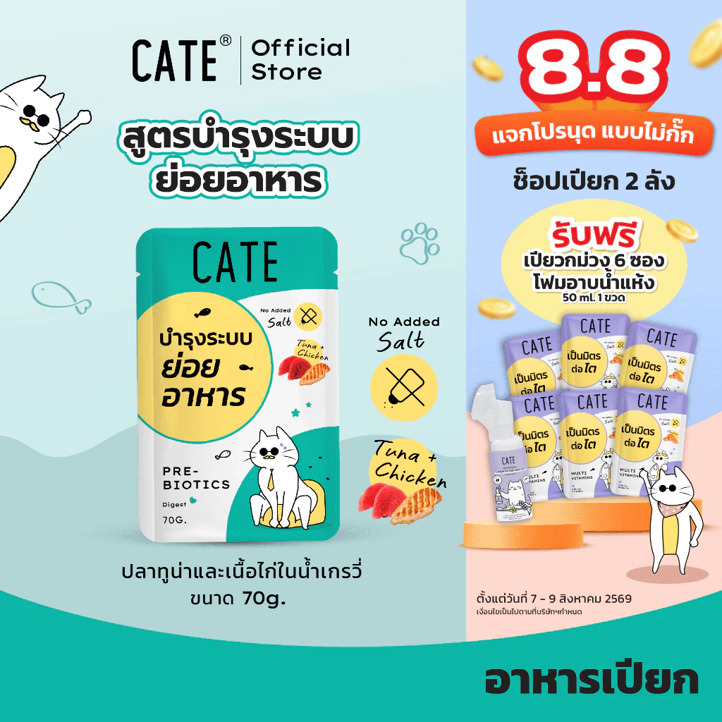 ยกโหล (12 ซอง) CATE เคท อาหารเปียกแมว สูตรบำรุงระบบย่อยอาหาร 70 g. Prebiotics และ Omega-3
