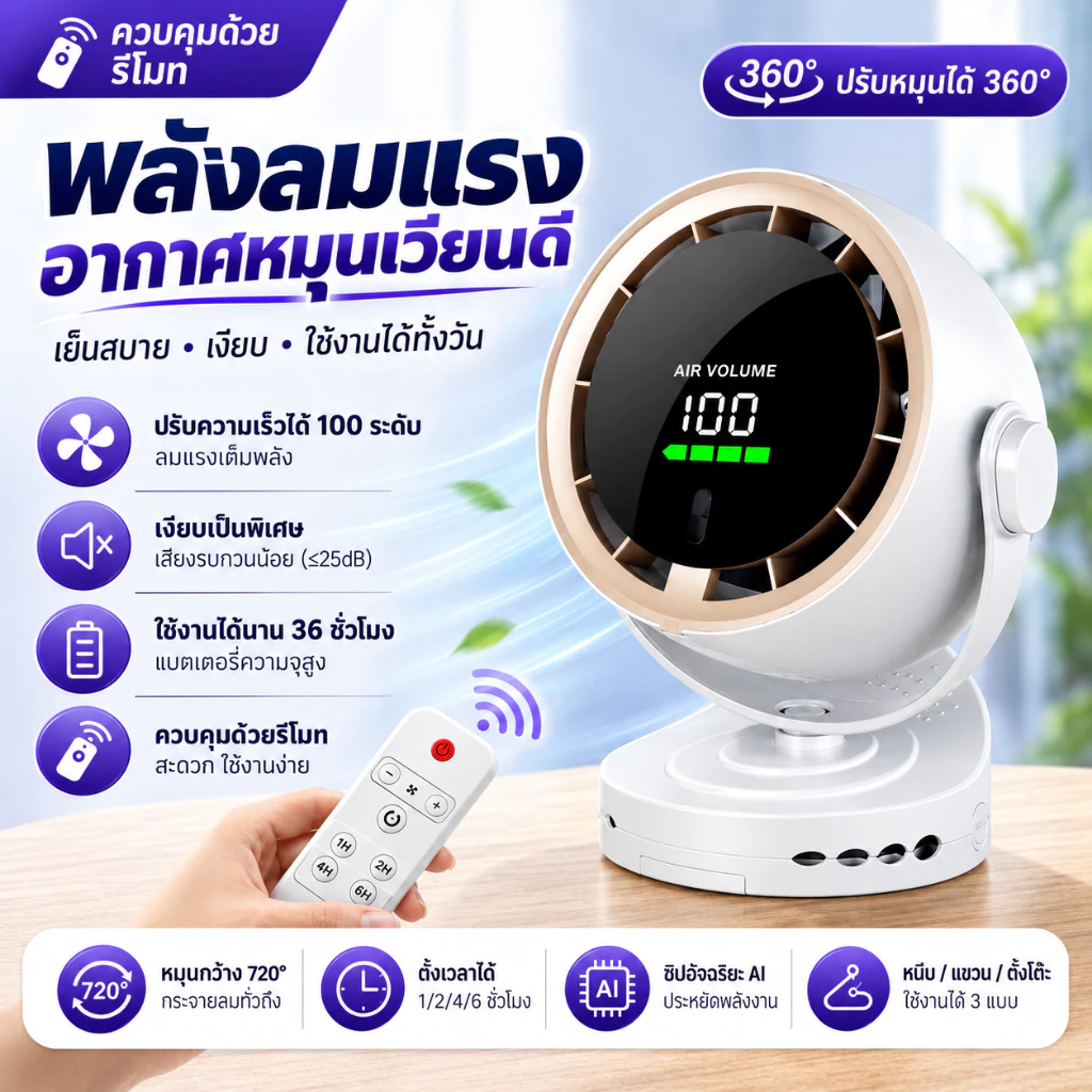 【เย็นกว่าแอร์】 พัดลมตั้งโต๊ะ พัดลมพกพา 20000mAh ชาร์จUSB ลมเร็ว100ระดับ ใบพัดกังหัน7ใบลมแรงเงียบ พัดลมหนีบ