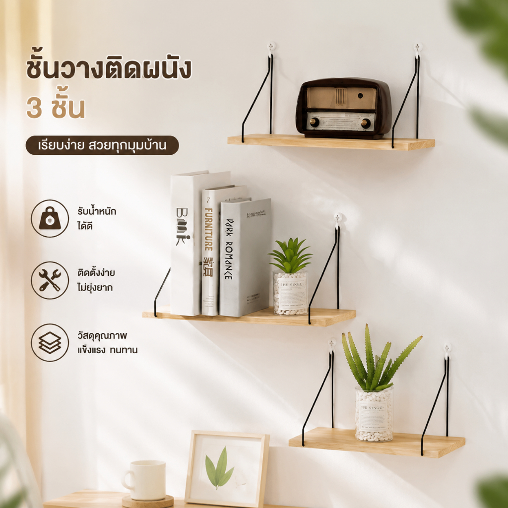 ส่งสินค้าจากกรุงเทพ ชั้นเก็บของติดผนังชุด 3 ชิ้น มีขนาด 30/40/50 ซม. รุ่นล่าสุดสีขาวสไตล์มินิมอล ติดตั้งแบบไม่ต้องเจาะผน