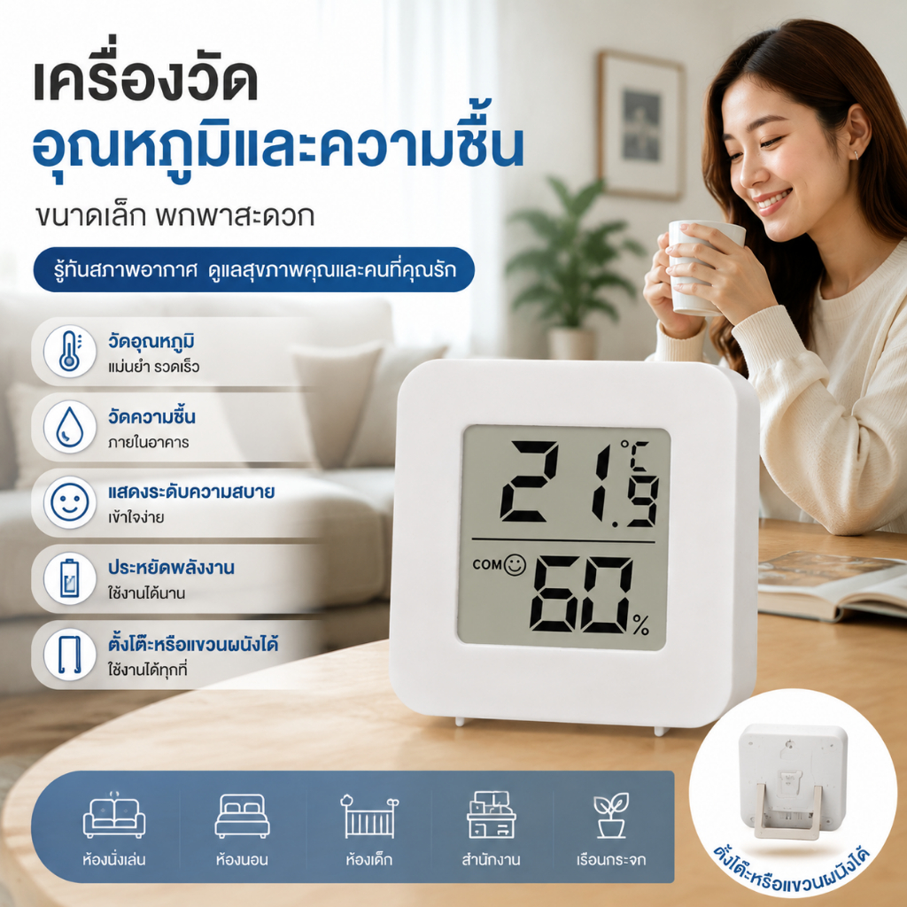 เครื่องวัดอุณหภูมิและความชื้นดิจิตอล LCD เครื่องวัดอุณหภูมิและความชื้นในเครื่องเดียว ขนาดกะทัดรัด พกพาสะดวก วางง่าย The