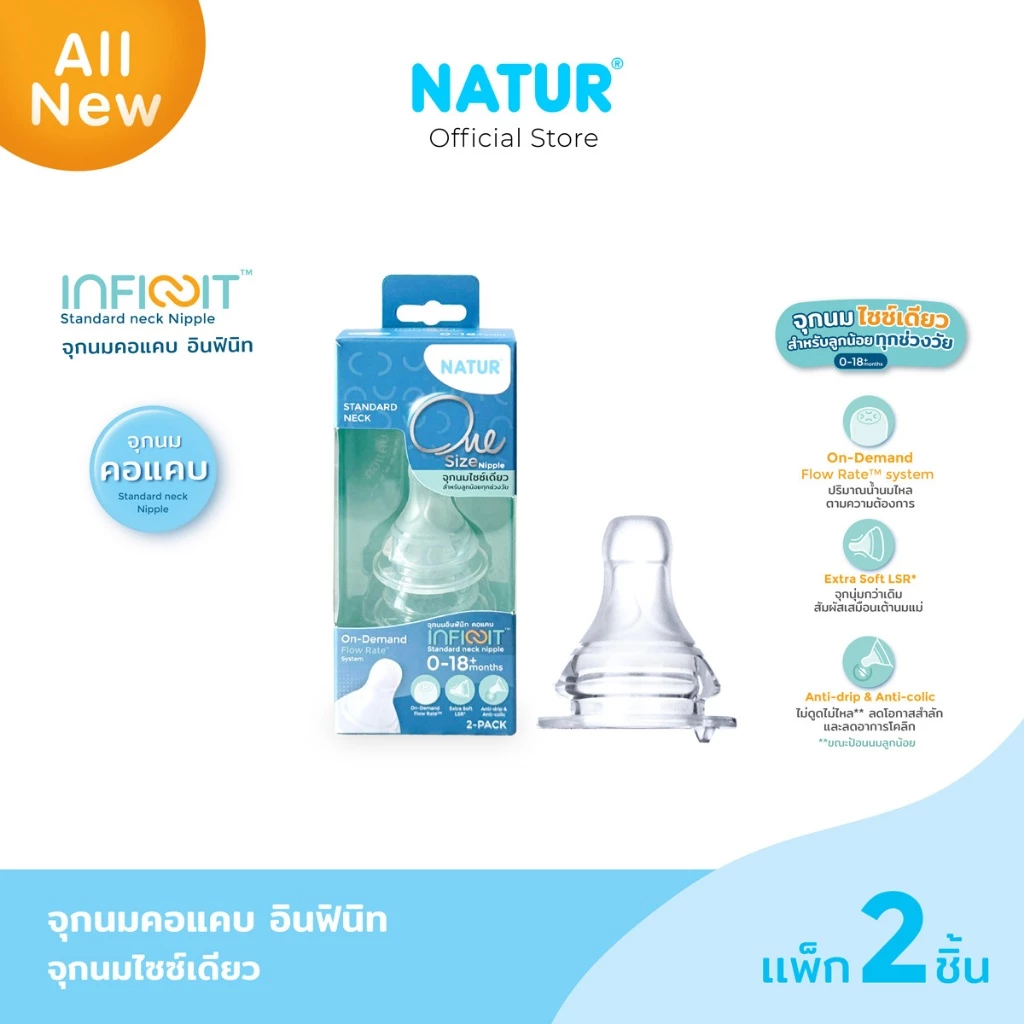 [NEW] NATUR เนเจอร์ INFINIT จุกนมคอแคบอินฟินิท จุกนมเด็ก จุกนมไซซ์เดียว จุกนม ไม่ดูดไม่ไหล แพ็ก 2 (0-18M)