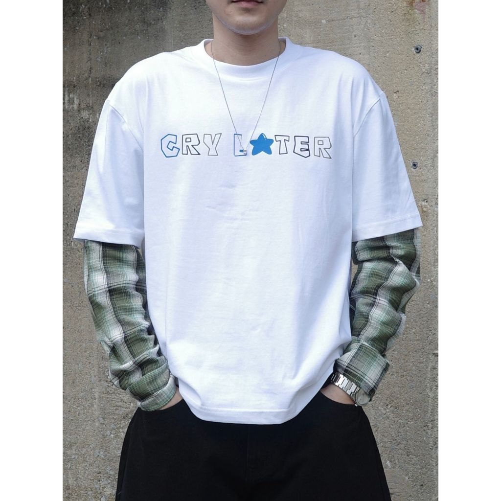 LAYER TEE - CRY LATER เสื้อยืดทรงBOXY แขนเชิ้ตสก๊อต