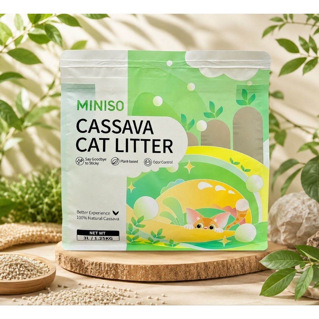 ทรายแมว MINISO ทรายแมวมันสำปะหลังธรรมชาติ 100%cassava cat litter1ถุง3L/1.25kgยกลัง7ถุง21L/8.75 kgลดล้างสต๊อก