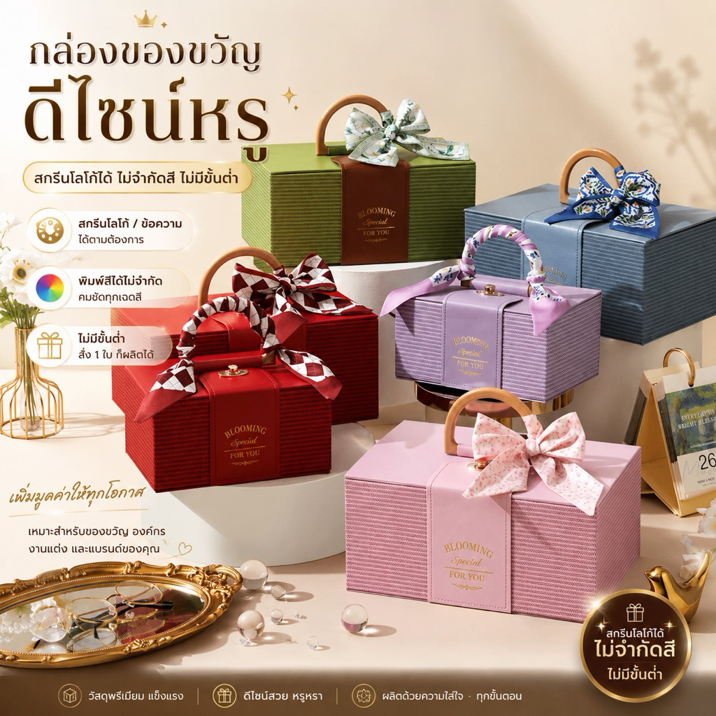 กล่องของขวัญพรีเมียม สกรีนโลโก้ได้ ไม่จำกัดสี ไม่มีขั้นต่ำ กล่องหูหิ้ว กล่องของขวัญ กล่องใส่สินค้า กล่อง gift Premium