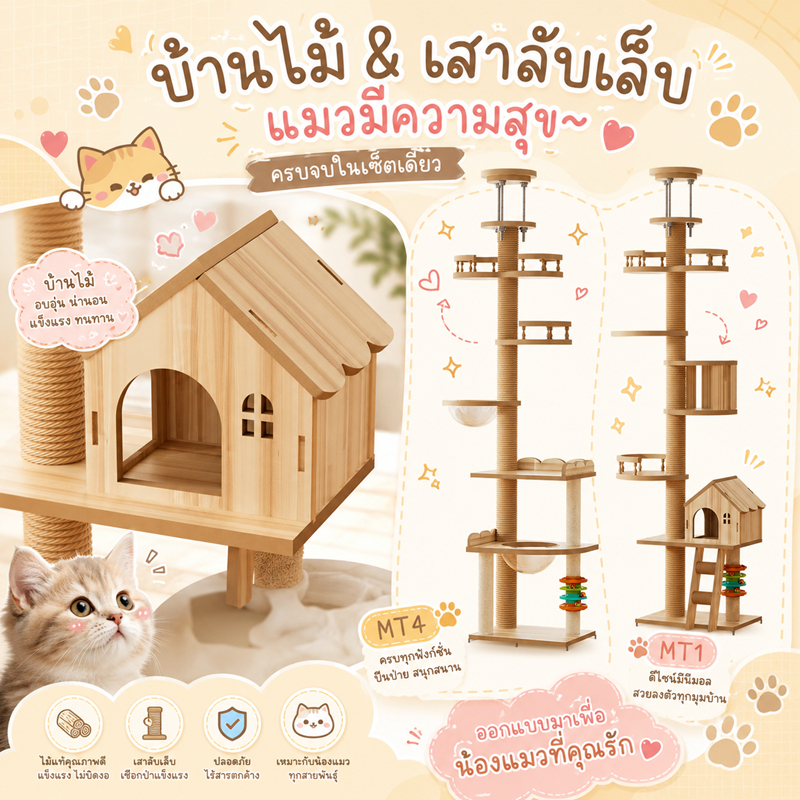 🌵 คอนโดแมวติดเพดาน mt-1 mt-4 แท่นเสาปีนป่าย เหมาะกับเพดาน คอนโดแมว เสาปีนป่าย เสาลับเล็บแมว เสาจัมโบ