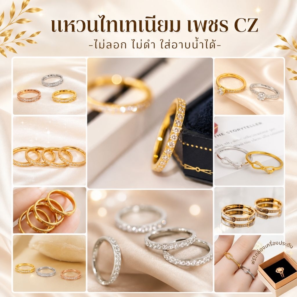 [ไม่ลอก ไม่ดำ] แหวนสแตนเลส เพชร CZ มินิมอล เรียบหรู ใส่ได้ทุกวัน ใส่อาบน้ำได้ ฟรี! กล่องเก็บเครื่องประดับ