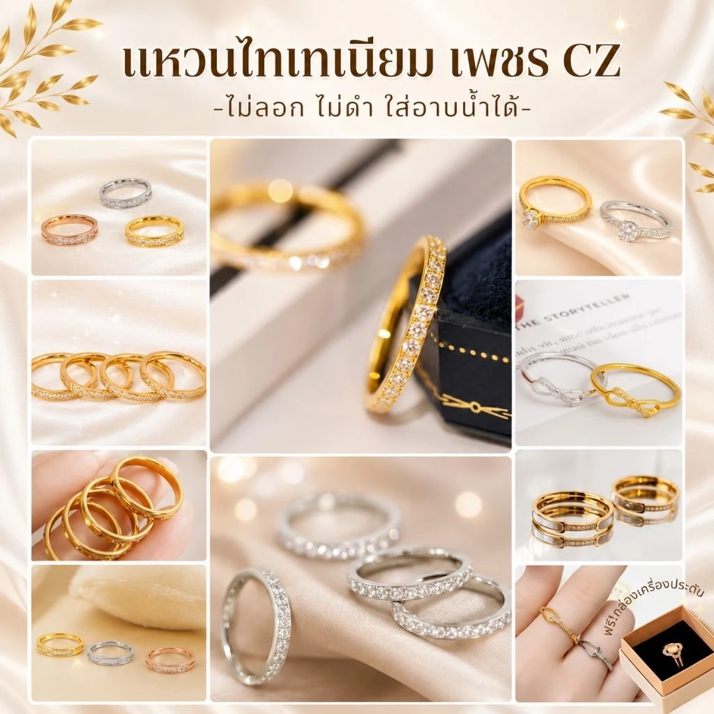 [ไม่ลอก ไม่ดำ] แหวนสแตนเลส เพชร CZ มินิมอล เรียบหรู ใส่ได้ทุกวัน ใส่อาบน้ำได้ ฟรี! กล่องเก็บเครื่องประดับ