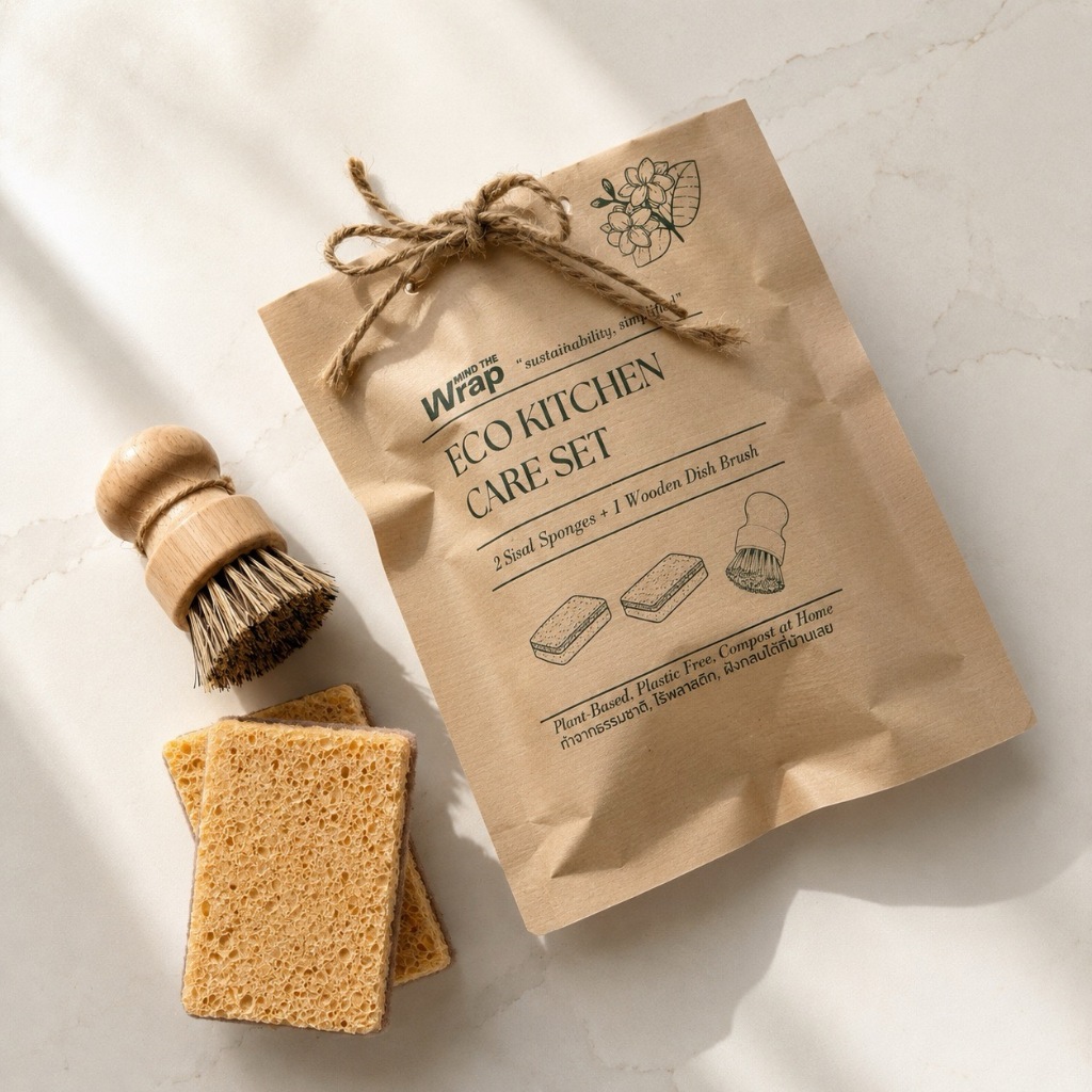 Mind The Wrap Eco Kitchen Care Set ฟองน้ำล้างจานรักษ์โลก 2 ชิ้น + แปรงล้างจานไม้ 1 ชิ้น ย่อยสลายได้