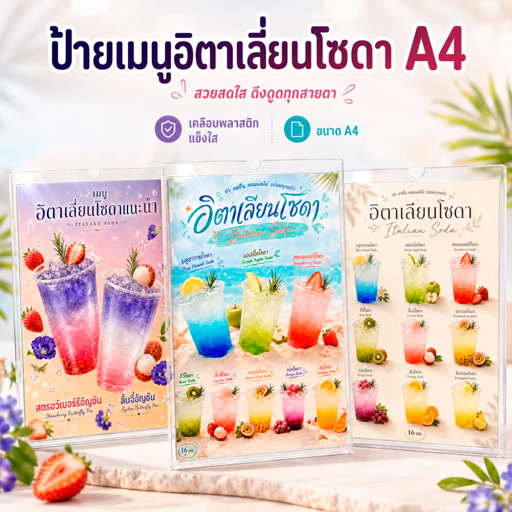 ป้ายเมนูอิตาเลี่ยนโซดา A4 เคลือบแข็งใส ป้ายเมนูสำเร็จรูป