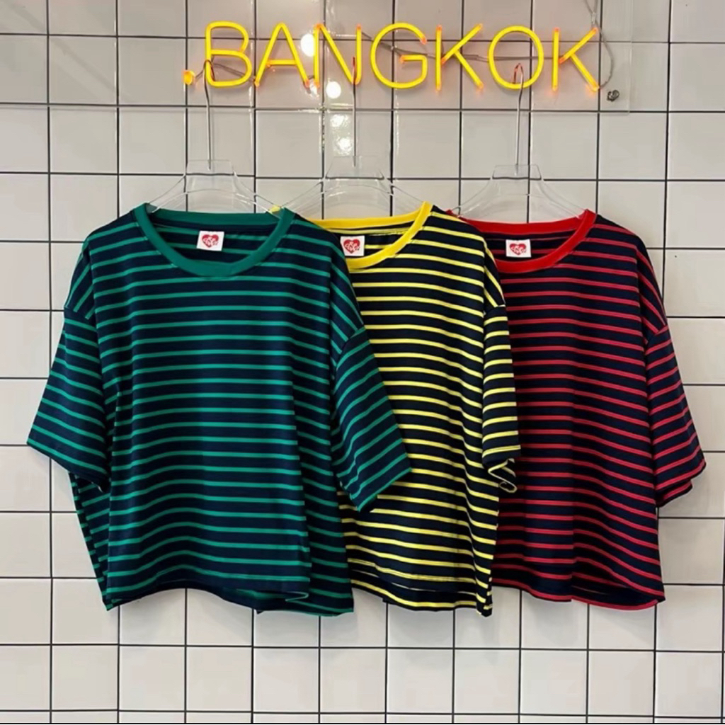 RW154 เสื้อคอกลมแขนสั้นลายทาง ทรง Boxy ( อกใหญ่แต่ตัวสั้น ) ผ้านำเข้า งานป้าย RAWii.bkk
