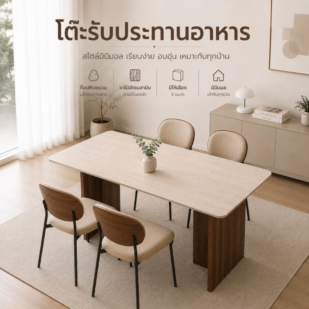 พร้อมส่ง โต๊ะรับประทานอาหาร ร่น NTABLE ขาไม้อัดเคลือบผิวเมลามีน ท็อปหินสังเคราะห์ สไตล์โมเดิร์น