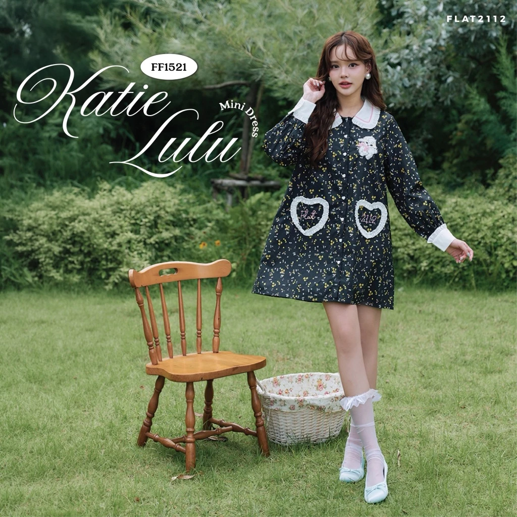 FLAT2112 : KATIE LULU MINI DRESS เดรสสั้นแขนยาว คอปกระบาย เดรสใส่ทำงาน เดรสใส่เที่ยวคาเฟ่ เดรสกระเป๋าหัวใจ (FF1521)